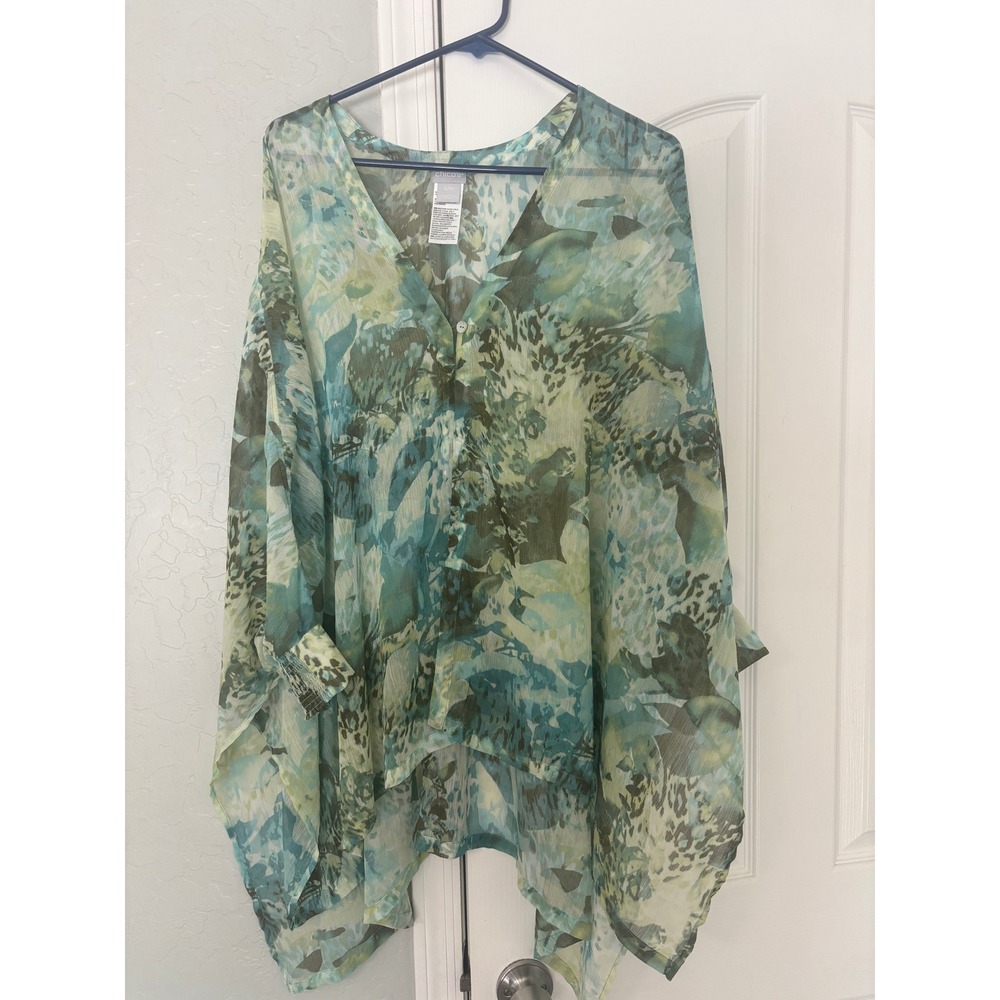 Chicos Sheer Chiffon Floral Print Poncho Top Teal Blue S/M